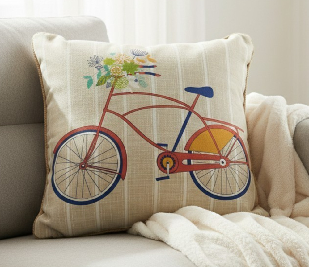 Plantation Patterns 16x16 Throw Pillow Beige Bicycle Flower Basket